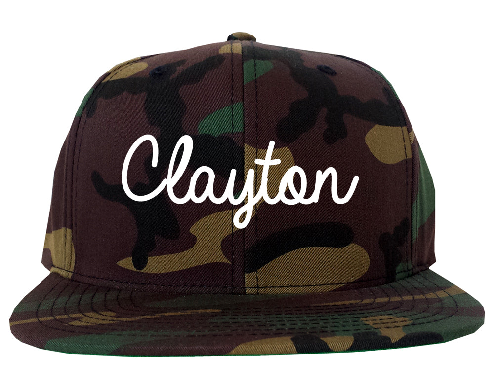 Clayton California CA Script Mens Snapback Hat Army Camo