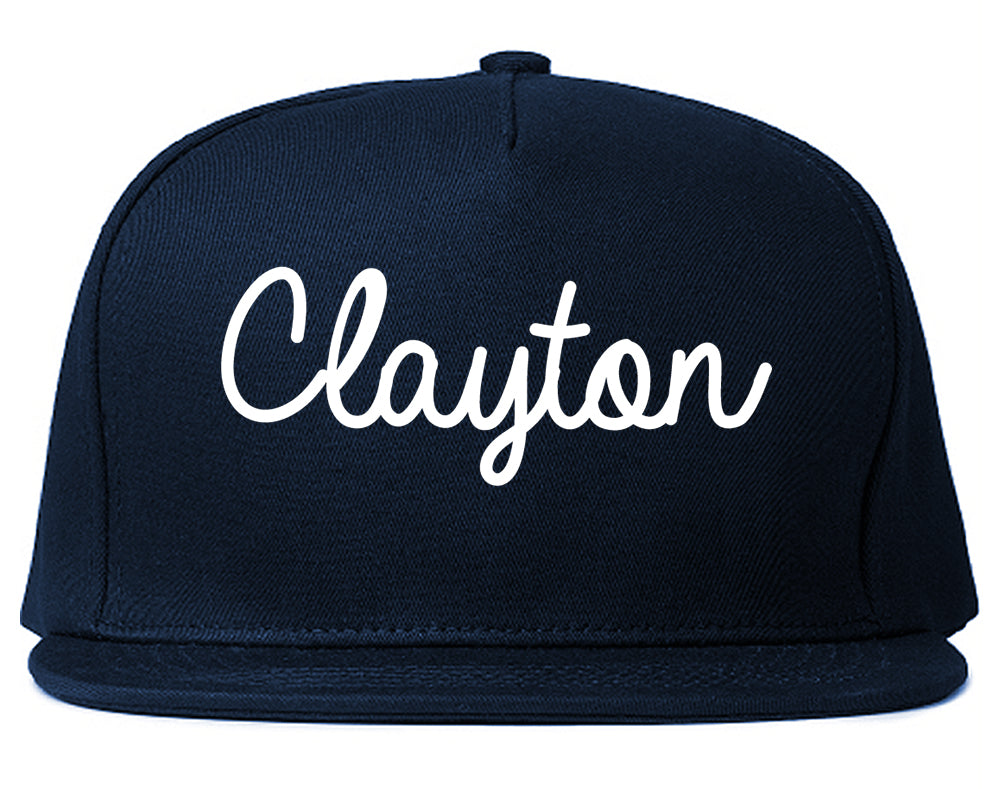 Clayton California CA Script Mens Snapback Hat Navy Blue
