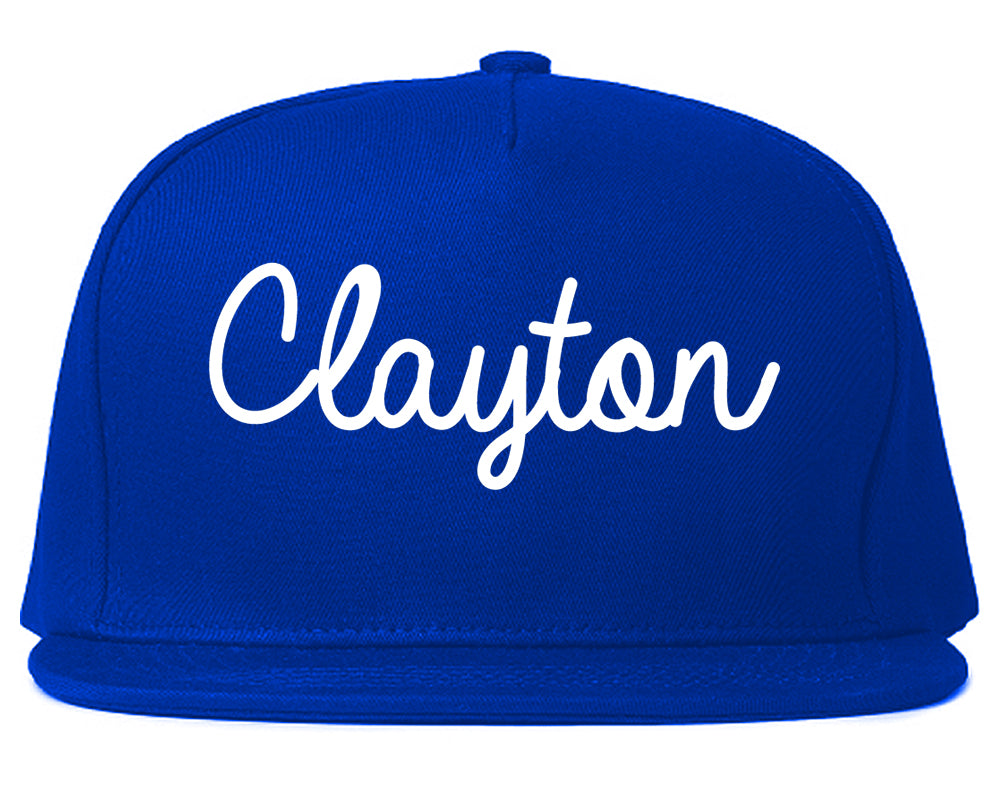 Clayton California CA Script Mens Snapback Hat Royal Blue