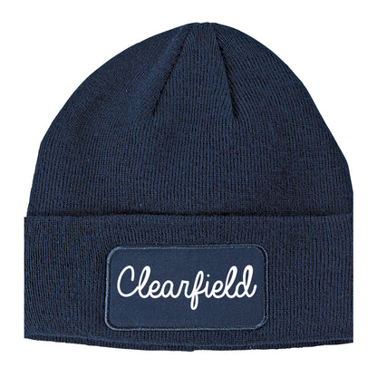 Clearfield Utah UT Script Mens Knit Beanie Hat Cap Navy Blue