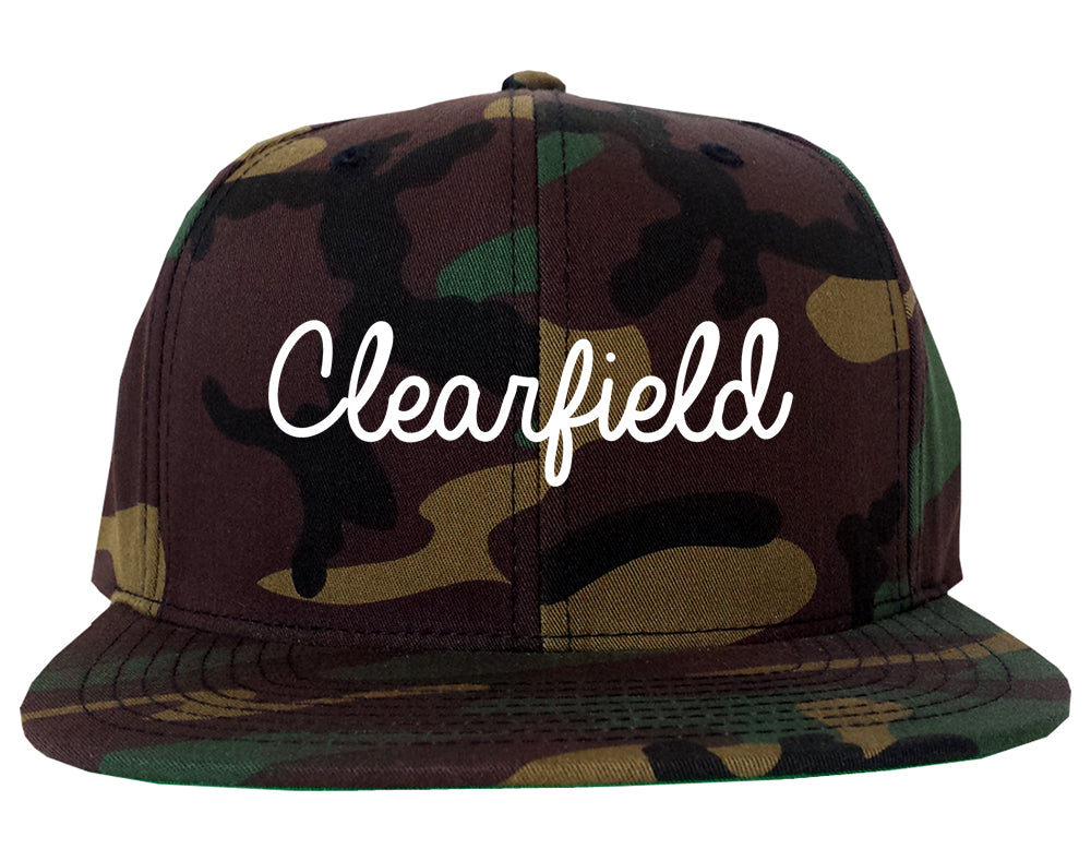 Clearfield Utah UT Script Mens Snapback Hat Army Camo