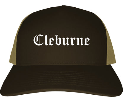 Cleburne Texas TX Old English Mens Trucker Hat Cap Brown