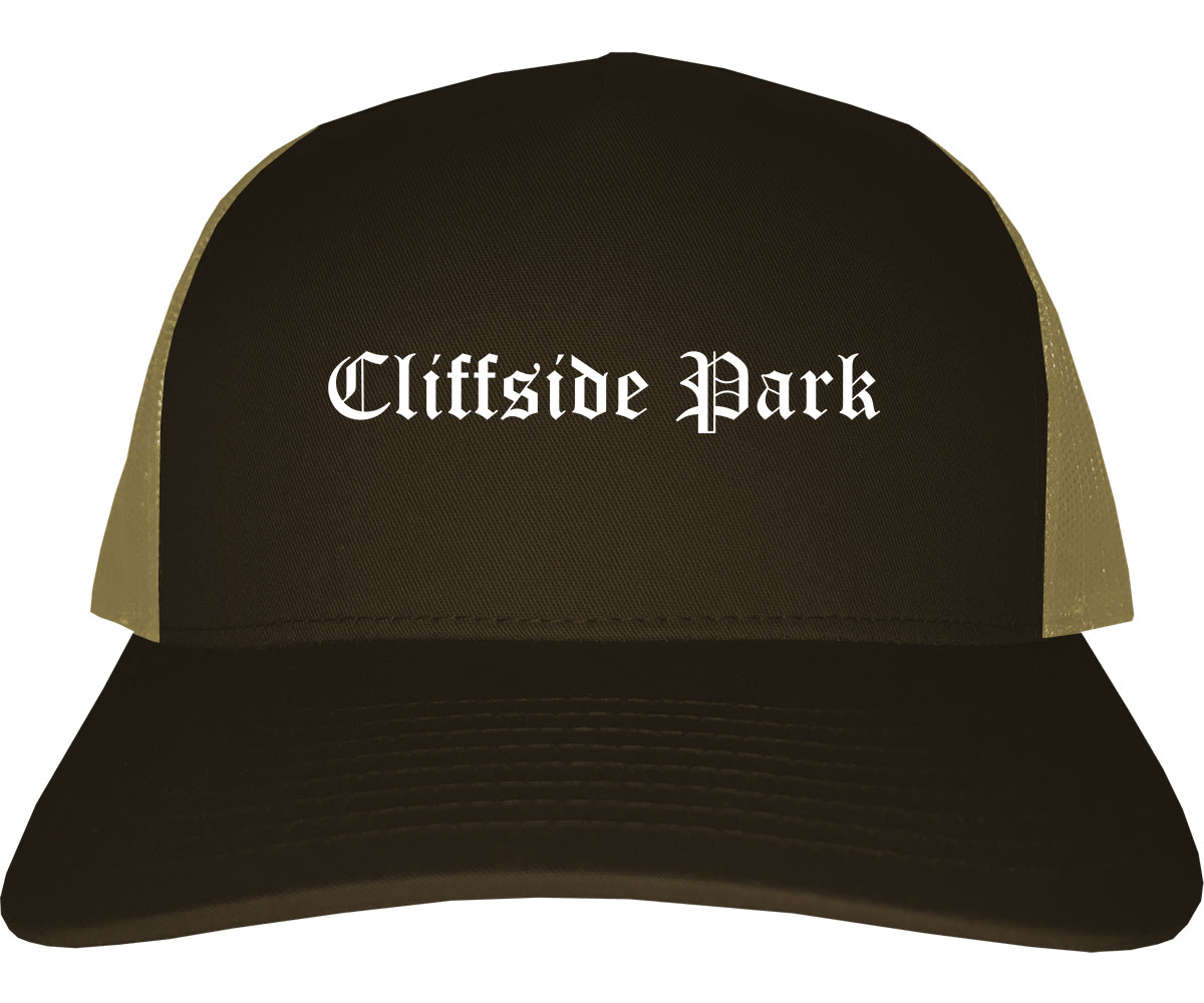 Cliffside Park New Jersey NJ Old English Mens Trucker Hat Cap Brown