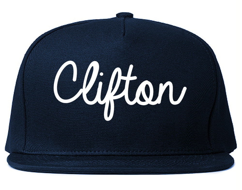 Clifton New Jersey NJ Script Mens Snapback Hat Navy Blue