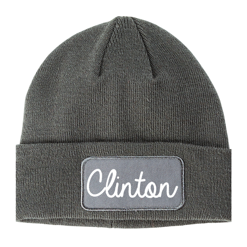 Clinton Indiana IN Script Mens Knit Beanie Hat Cap Grey