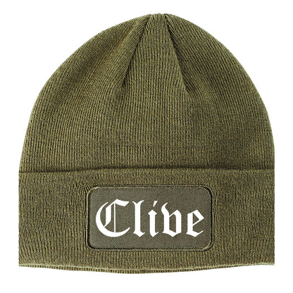 Clive Iowa IA Old English Mens Knit Beanie Hat Cap Olive Green