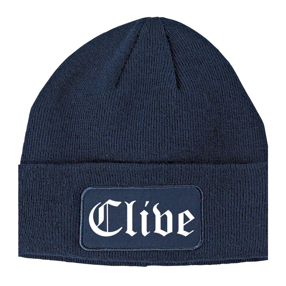 Clive Iowa IA Old English Mens Knit Beanie Hat Cap Navy Blue