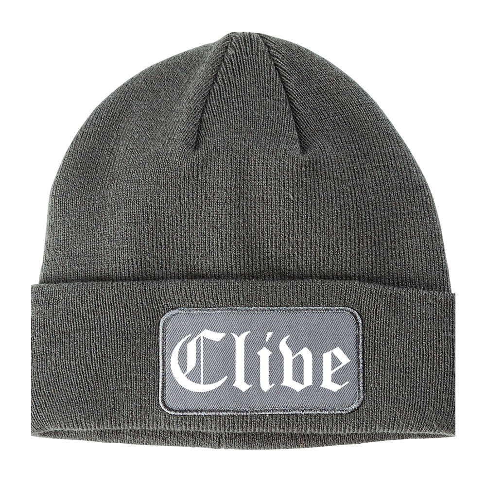 Clive Iowa IA Old English Mens Knit Beanie Hat Cap Grey