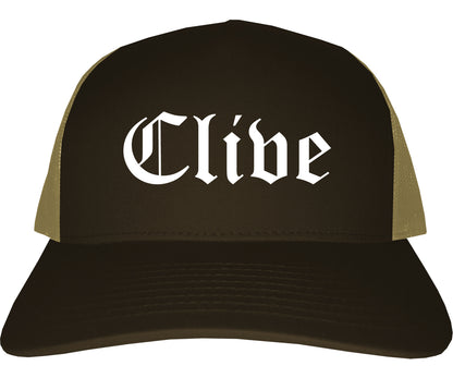 Clive Iowa IA Old English Mens Trucker Hat Cap Brown