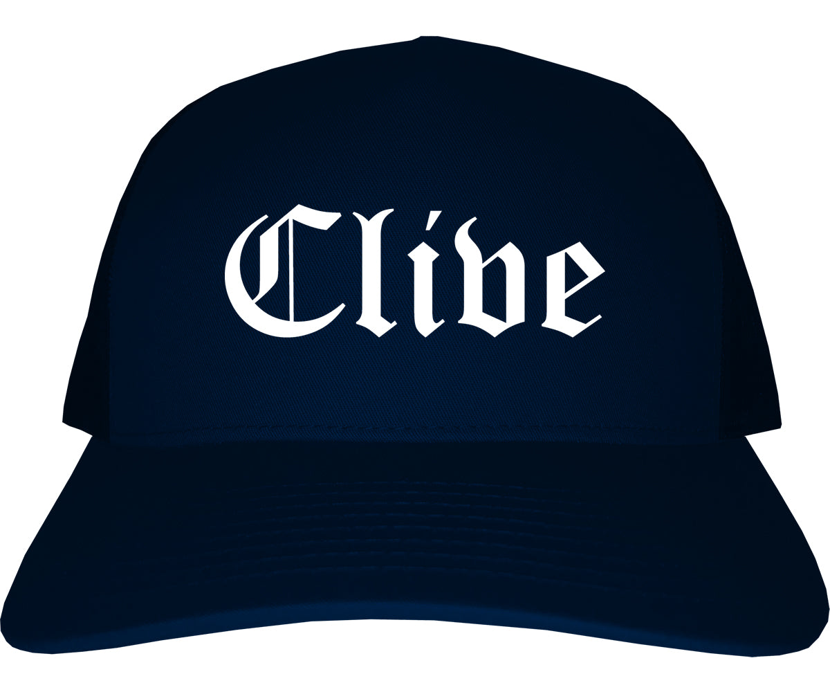 Clive Iowa IA Old English Mens Trucker Hat Cap Navy Blue