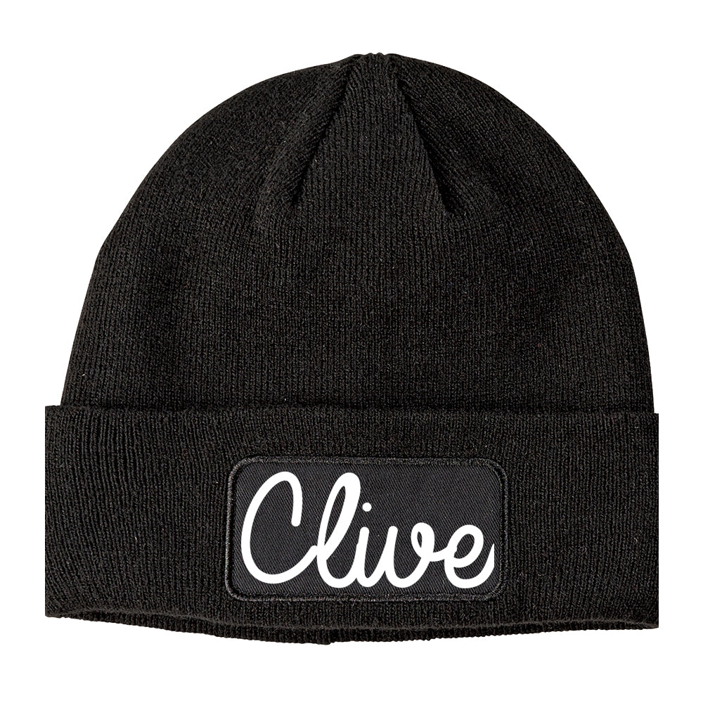 Clive Iowa IA Script Mens Knit Beanie Hat Cap Black