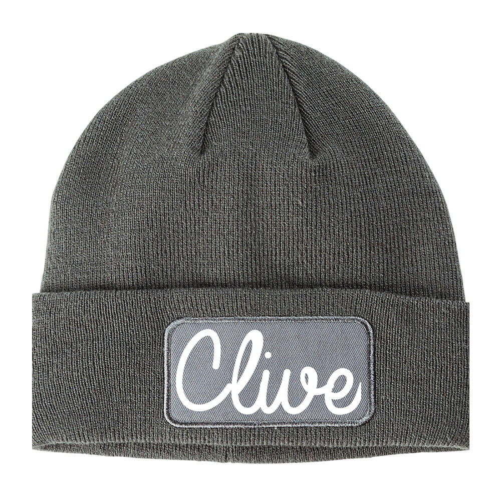 Clive Iowa IA Script Mens Knit Beanie Hat Cap Grey