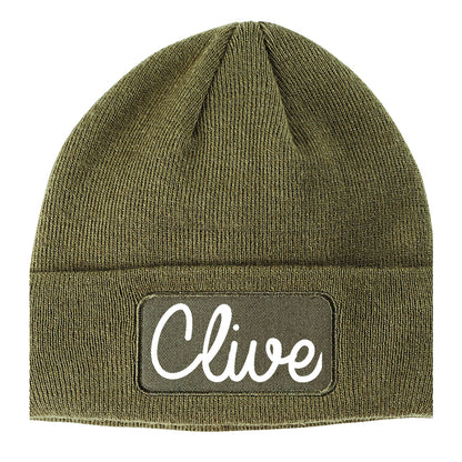 Clive Iowa IA Script Mens Knit Beanie Hat Cap Olive Green