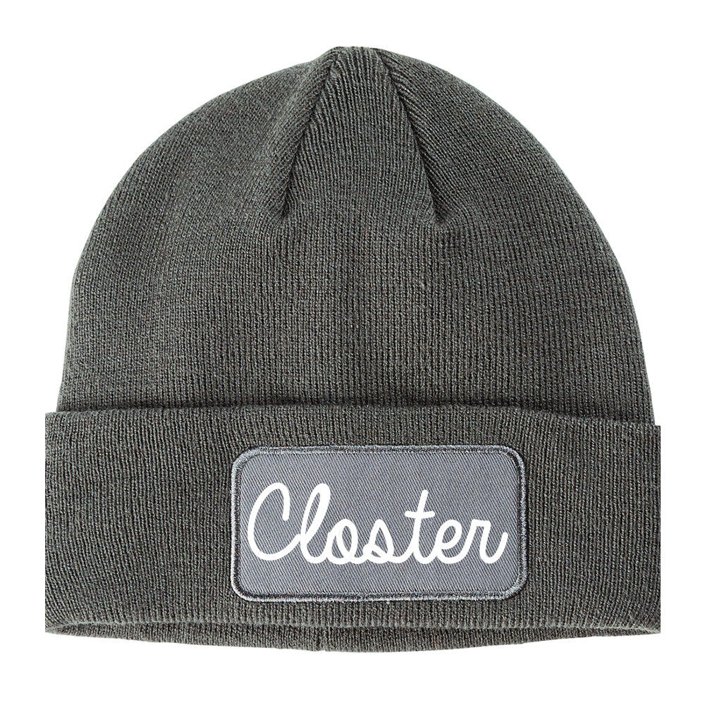 Closter New Jersey NJ Script Mens Knit Beanie Hat Cap Grey