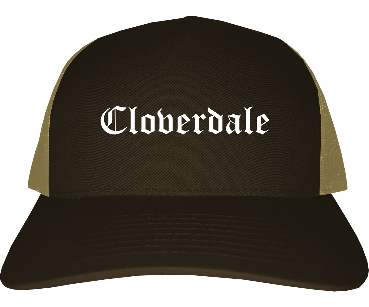 Cloverdale California CA Old English Mens Trucker Hat Cap Brown