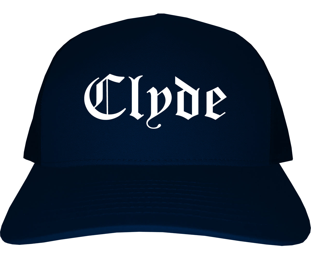 Clyde Ohio OH Old English Mens Trucker Hat Cap Navy Blue