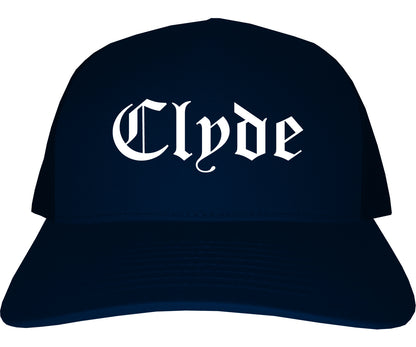 Clyde Ohio OH Old English Mens Trucker Hat Cap Navy Blue