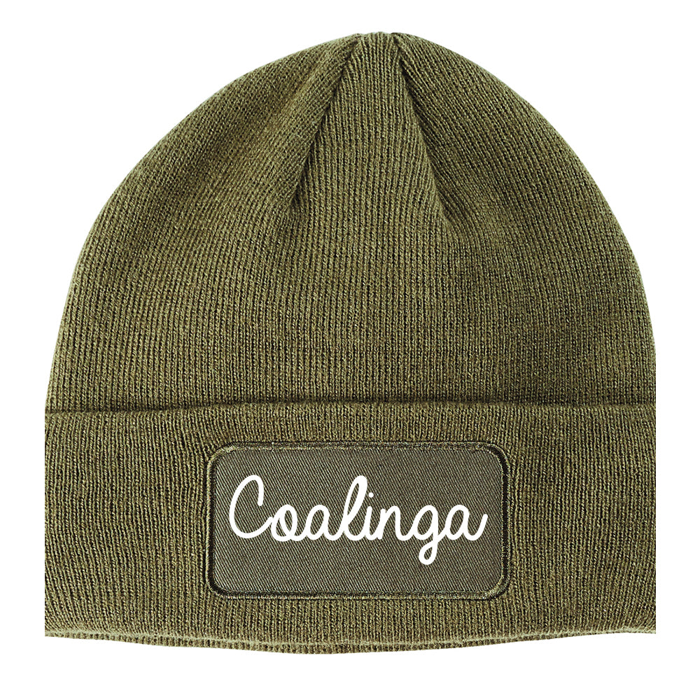 Coalinga California CA Script Mens Knit Beanie Hat Cap Olive Green