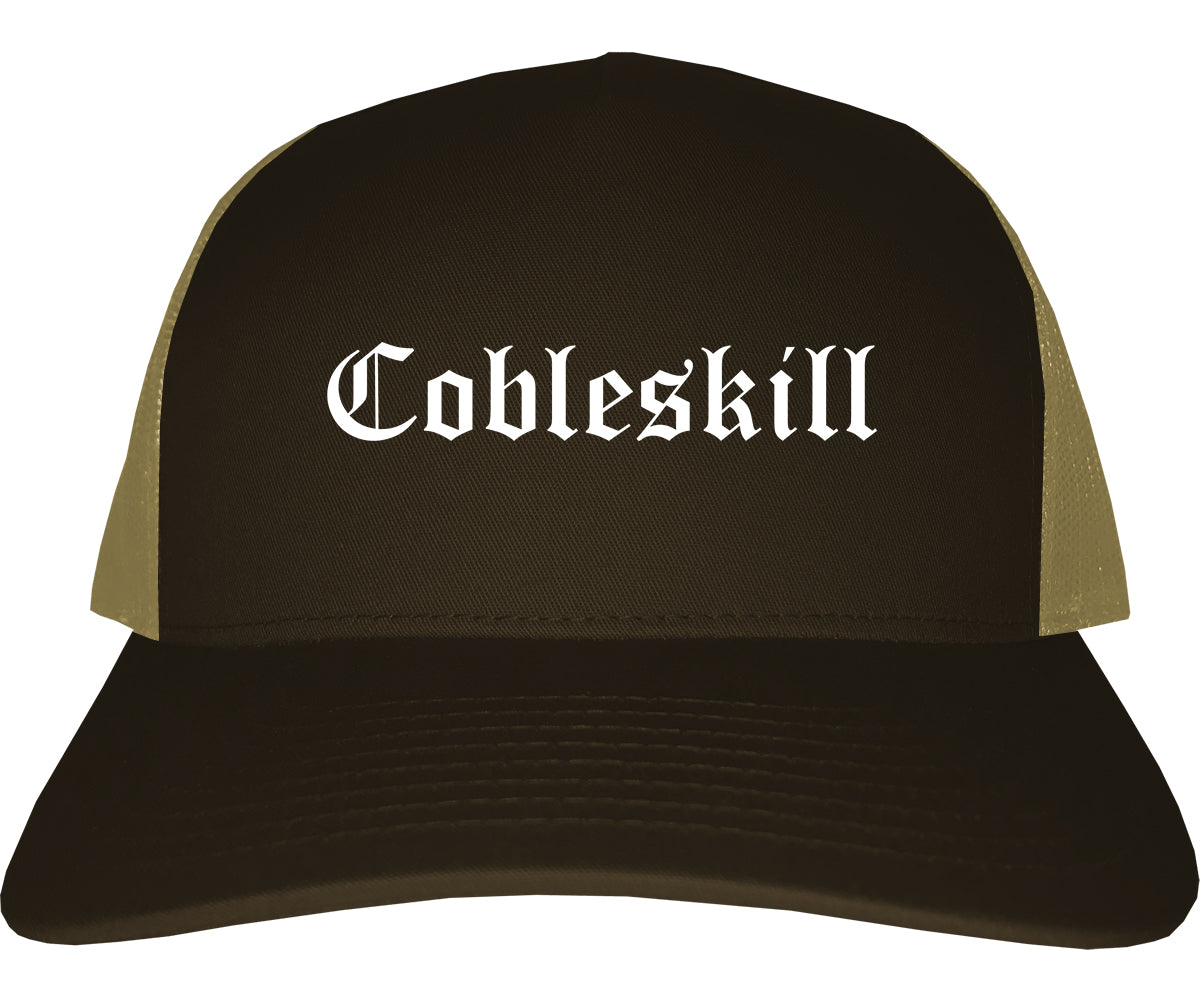 Cobleskill New York NY Old English Mens Trucker Hat Cap Brown