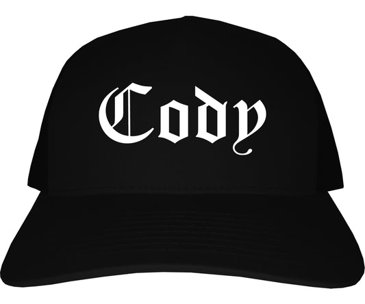 Cody Wyoming WY Old English Mens Trucker Hat Cap Black