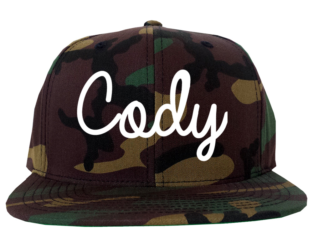 Cody Wyoming WY Script Mens Snapback Hat Army Camo