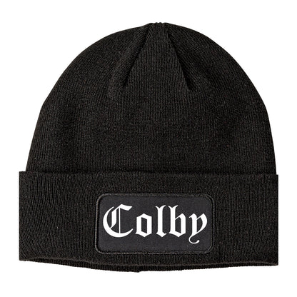Colby Kansas KS Old English Mens Knit Beanie Hat Cap Black