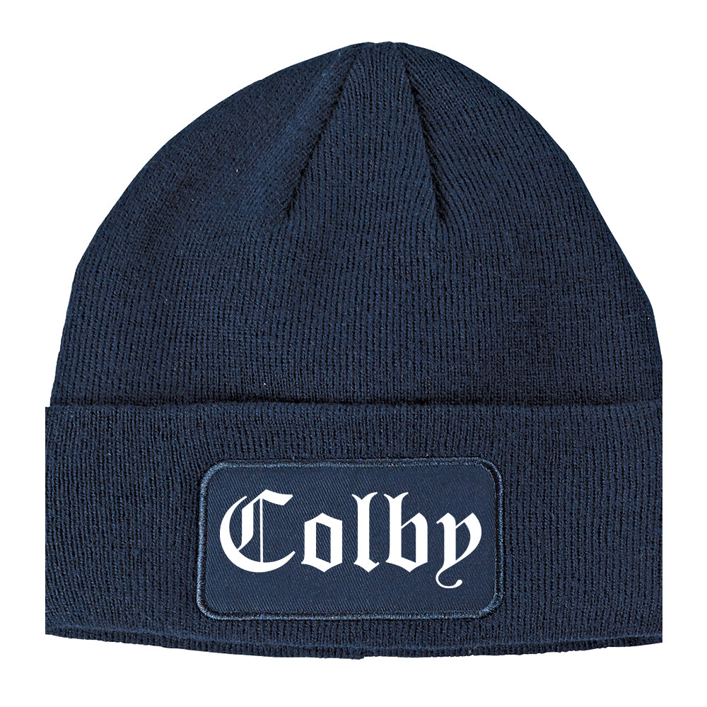 Colby Kansas KS Old English Mens Knit Beanie Hat Cap Navy Blue