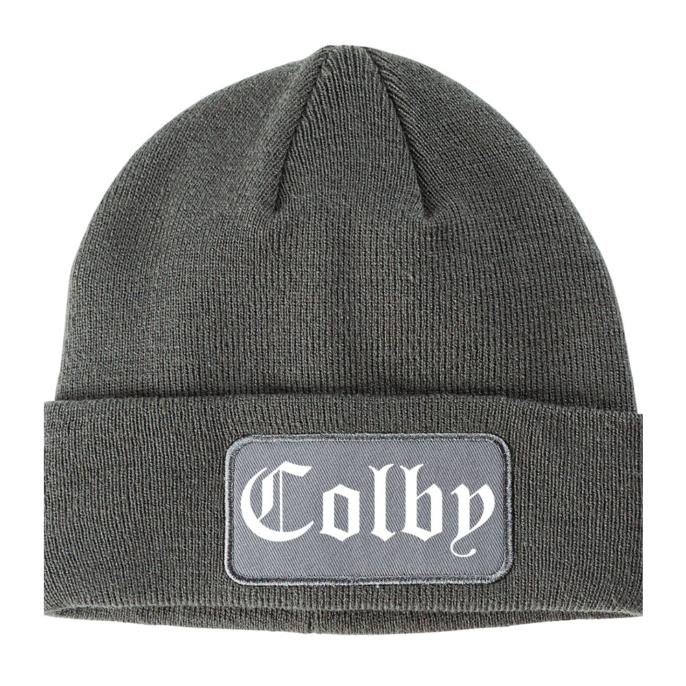 Colby Kansas KS Old English Mens Knit Beanie Hat Cap Grey