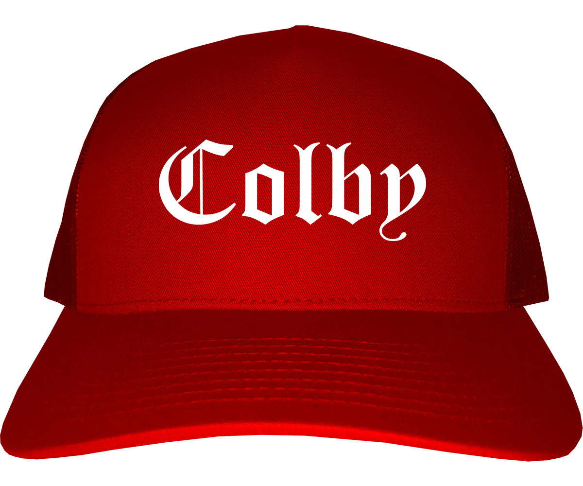 Colby Kansas KS Old English Mens Trucker Hat Cap Red
