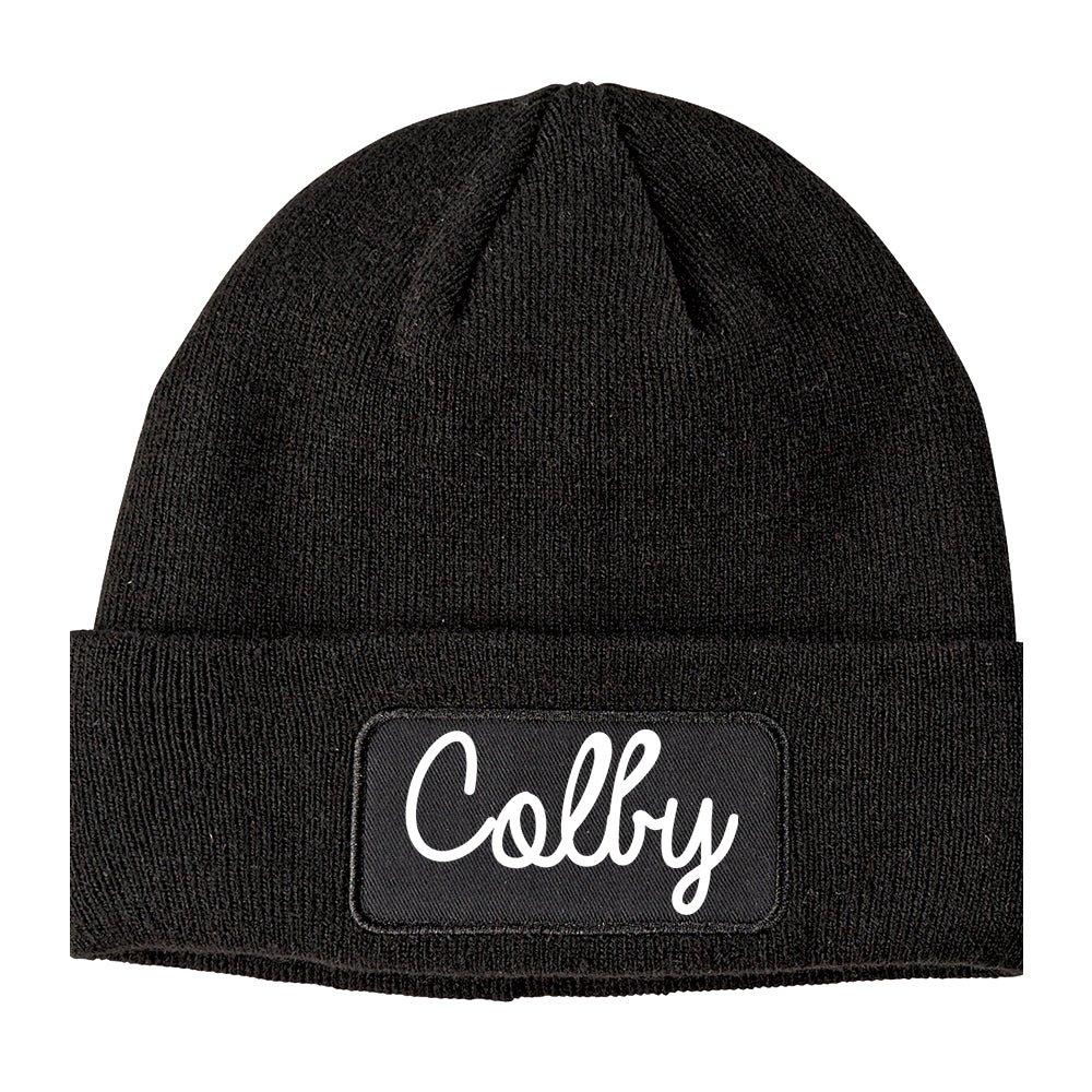 Colby Kansas KS Script Mens Knit Beanie Hat Cap Black