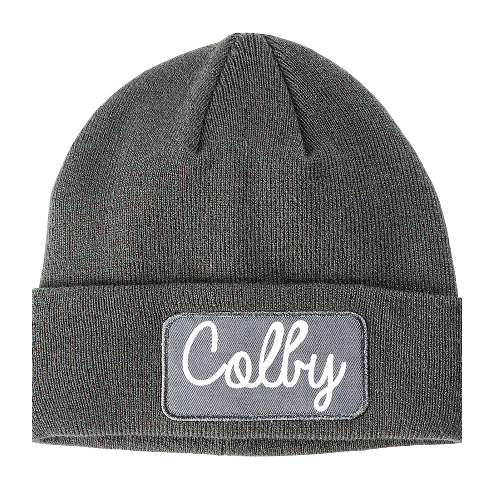 Colby Kansas KS Script Mens Knit Beanie Hat Cap Grey
