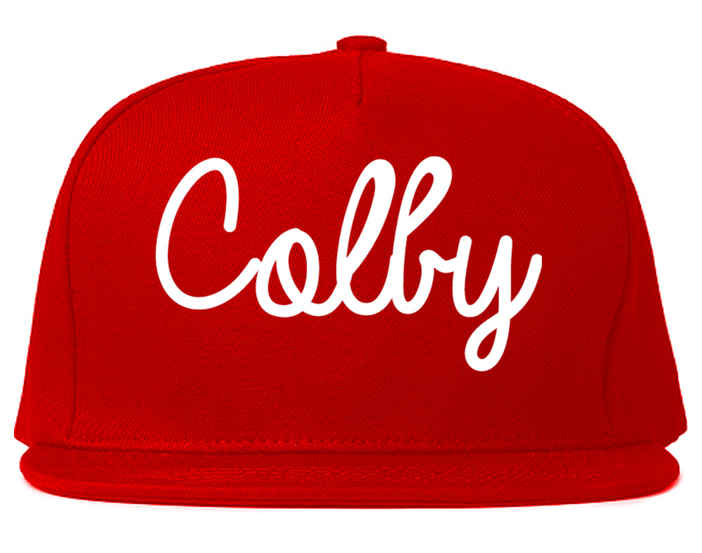 Colby Kansas KS Script Mens Snapback Hat Red