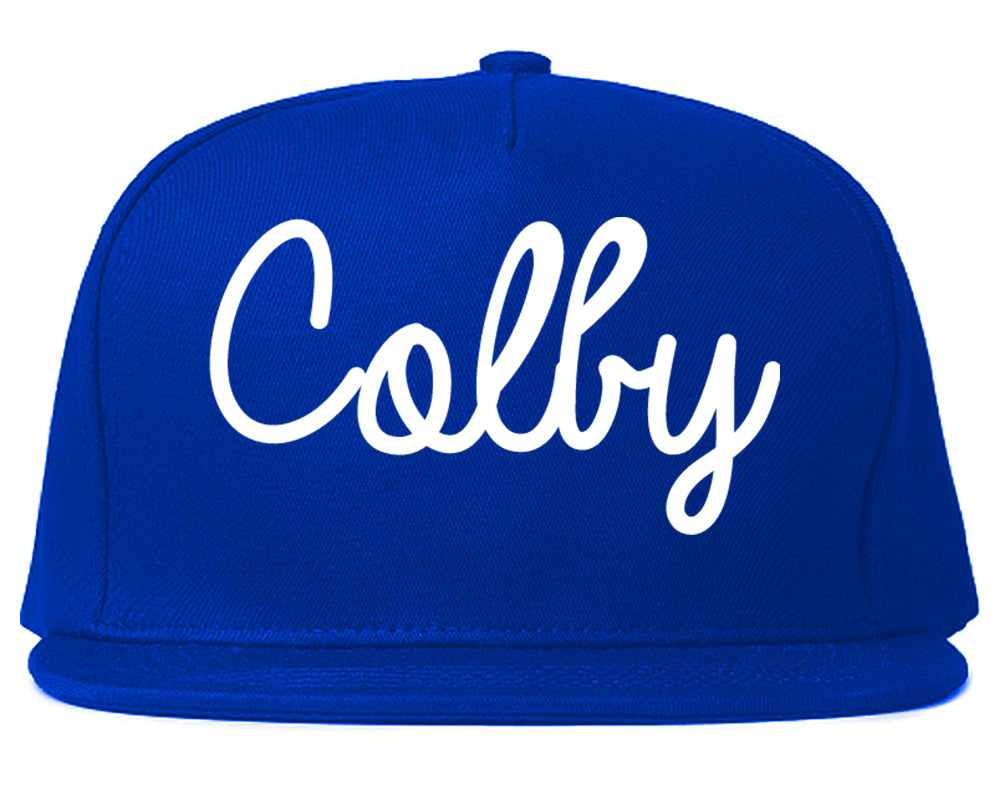 Colby Kansas KS Script Mens Snapback Hat Royal Blue