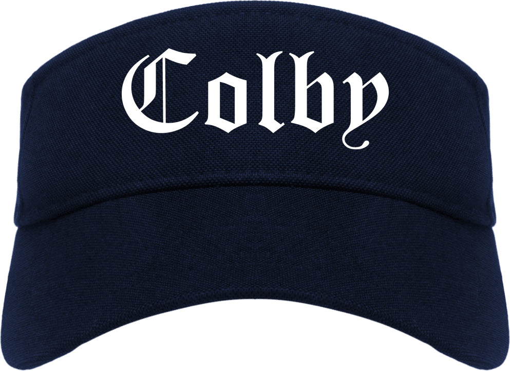 Colby Kansas KS Old English Mens Visor Cap Hat Navy Blue