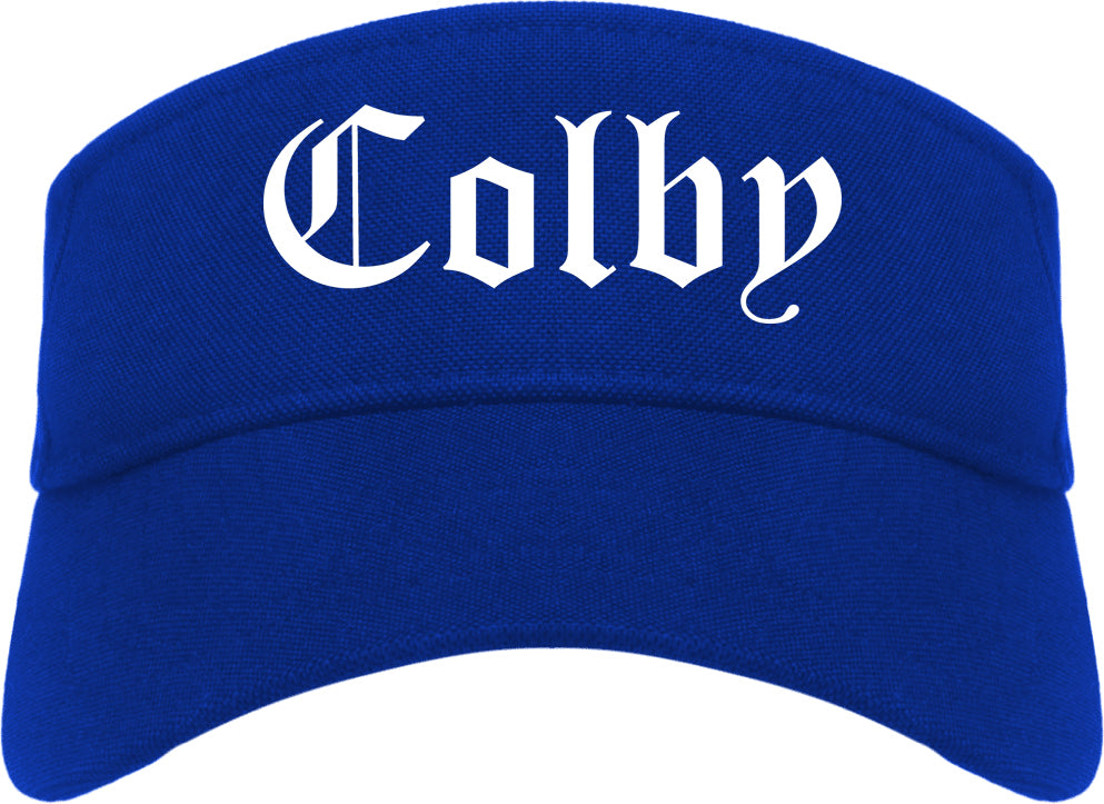 Colby Kansas KS Old English Mens Visor Cap Hat Royal Blue
