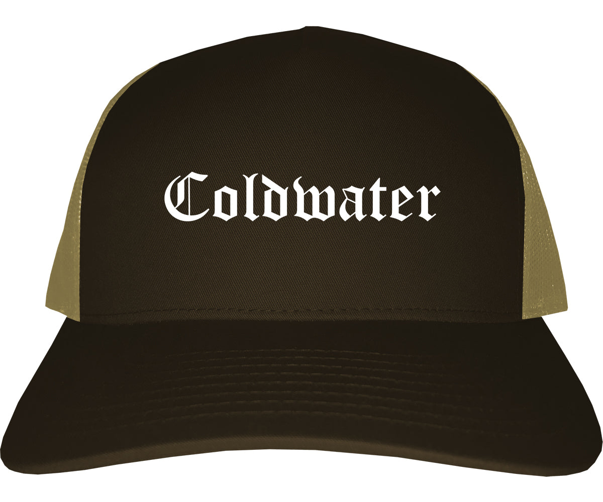 Coldwater Michigan MI Old English Mens Trucker Hat Cap Brown