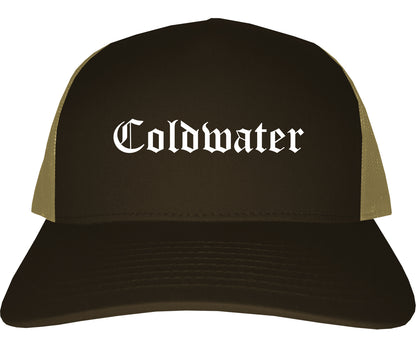 Coldwater Ohio OH Old English Mens Trucker Hat Cap Brown