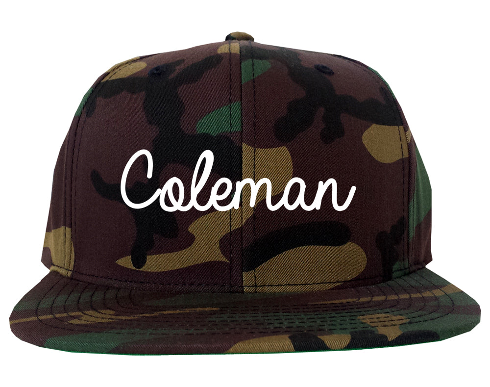 Coleman Texas TX Script Mens Snapback Hat Army Camo