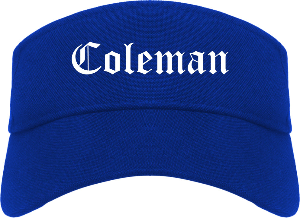 Coleman Texas TX Old English Mens Visor Cap Hat Royal Blue