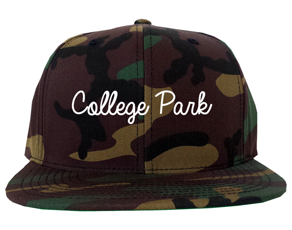 College Park Maryland MD Script Mens Snapback Hat Army Camo