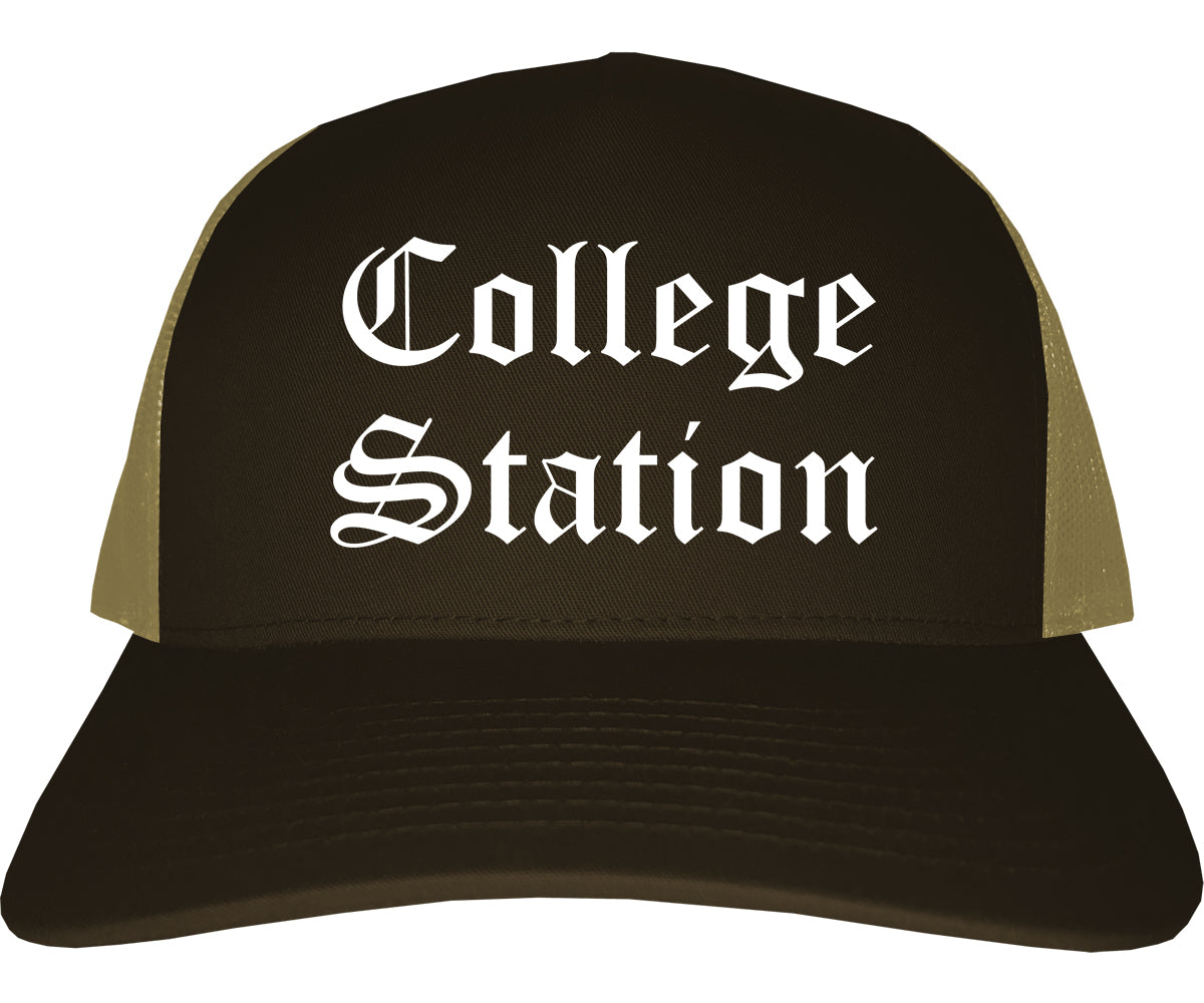 College Station Texas TX Old English Mens Trucker Hat Cap Brown