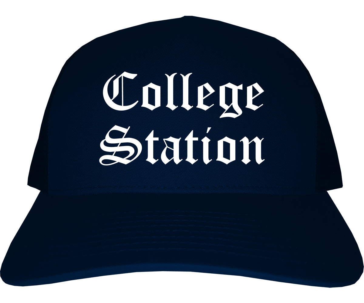 College Station Texas TX Old English Mens Trucker Hat Cap Navy Blue