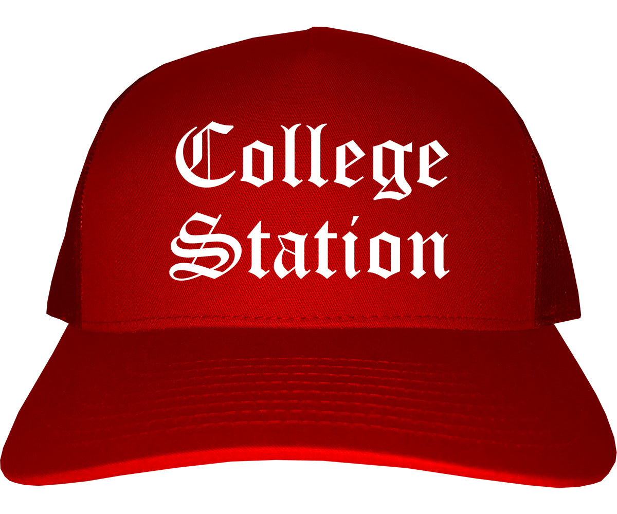 College Station Texas TX Old English Mens Trucker Hat Cap Red