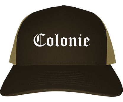 Colonie New York NY Old English Mens Trucker Hat Cap Brown