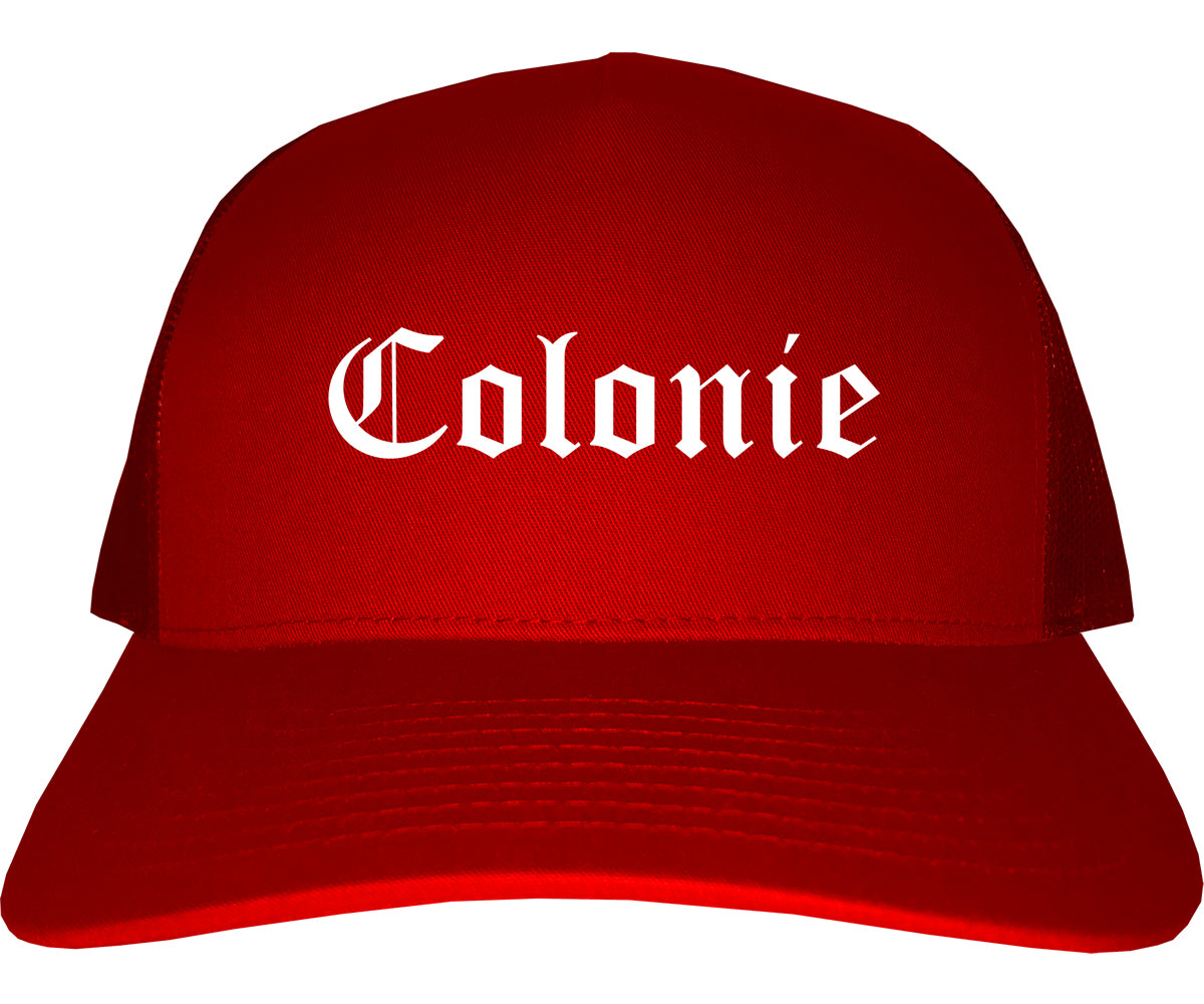 Colonie New York NY Old English Mens Trucker Hat Cap Red