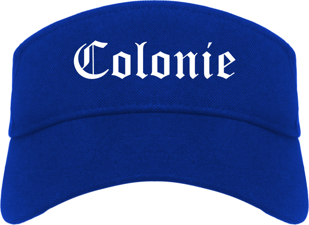 Colonie New York NY Old English Mens Visor Cap Hat Royal Blue