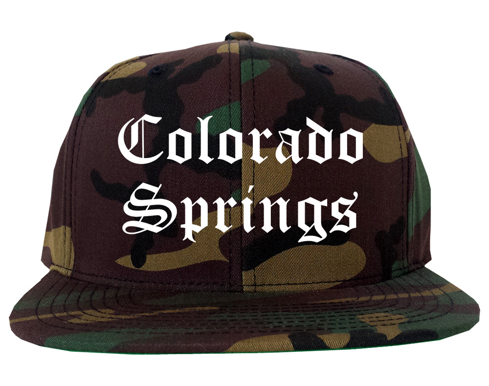 Colorado Springs Colorado CO Old English Mens Snapback Hat Army Camo