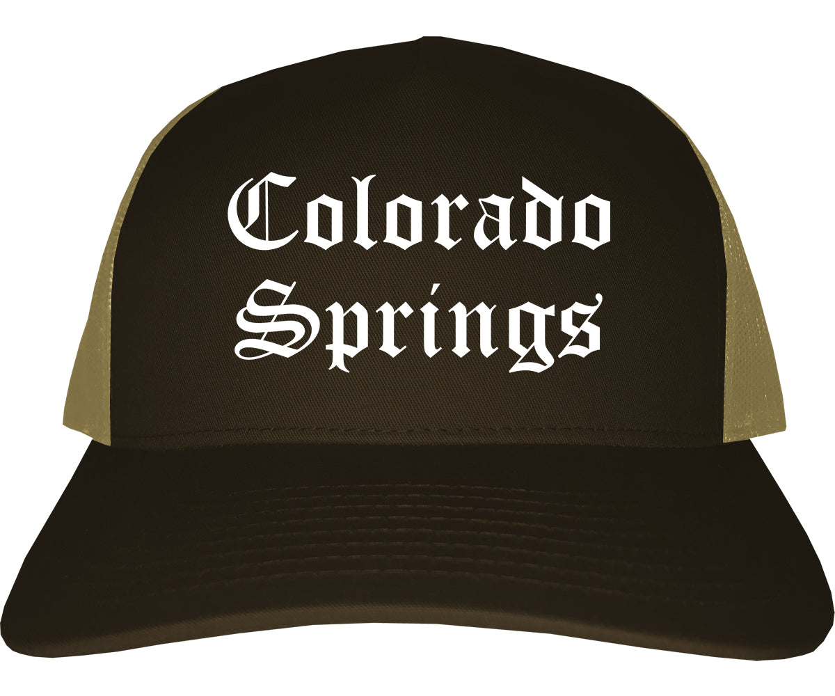 Colorado Springs Colorado CO Old English Mens Trucker Hat Cap Brown