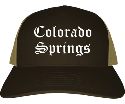 Colorado Springs Colorado CO Old English Mens Trucker Hat Cap Brown