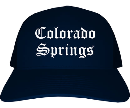 Colorado Springs Colorado CO Old English Mens Trucker Hat Cap Navy Blue